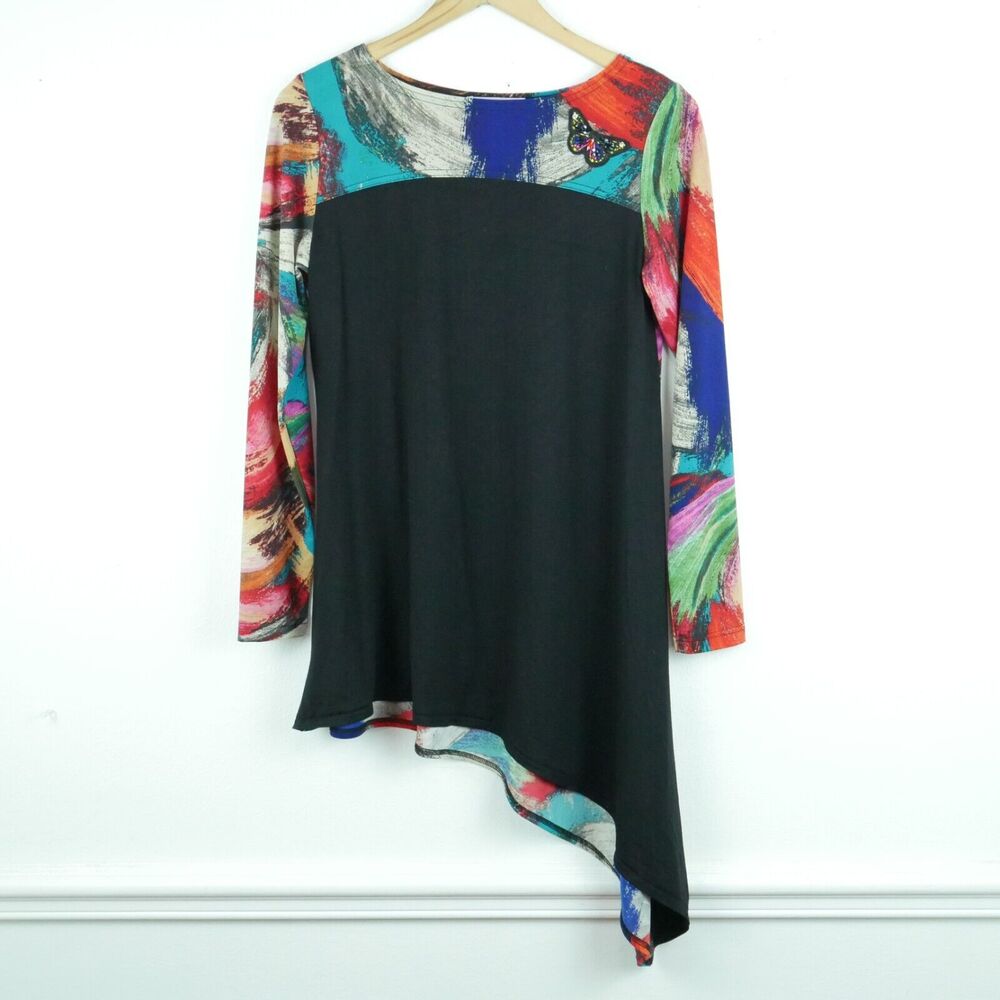 Women's Small Tunic Asymmetric Hem Quirky Artsy‎ Funky Fairy Top Multicolor Y2K